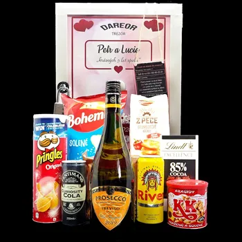 Dárkový potravinový koš TREZOR – dárková bedna s potiskem (obsah: Prosecco a dobroty)