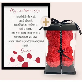 Dárkový potravinový koš Medvídek z růží + plakát s věnováním MILOVANÉ LÁSCE Barva: Červená, Dárkový box: S dárkovým boxem