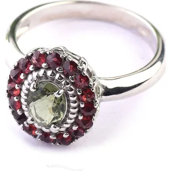 Prsten Vltavín ovál prsten s granáty 7 x 5mm standard brus Ag 925/1000 + Rh