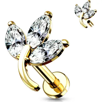 Piercing Piercingate Labreta - list s kamínky PLA00281 - Barva/Motiv: Růžové zlato/Čirá, Délka tyčky: 8 mm, Průměr tyčky: 1,2 mm