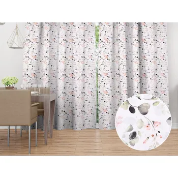 ubrus Bavlněný závěs Sandra SA-288 Eukalyptus s růžovými květy na bílém 150x140 cm