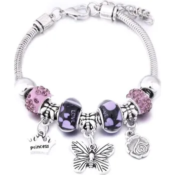 Náramek Longway Náramek styl PANDORA - Motýl, růže, koruna - Fialový - Limitovaná edice