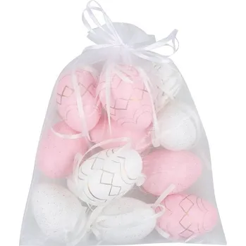 Vajíčka růžovobílá se zlatým zdobením 6 cm, 12 ks v organzovém pytlíku