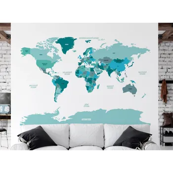 Samolepící dekorace FUGU Mapa světa na zeď modrá - Samolepka na zeď - česky