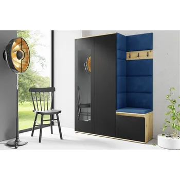 Předsíňová stěna Eka Předsíňová stěna s čalouněnými panely Trinity 11 - Dub Artisan s černou / Tmavá modrá 2331