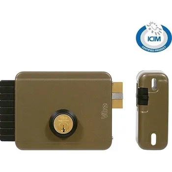 elektrický zámek V05, metalický bronzový lak - zámek Viro se střelkou pro lehčí kryté dveře a branky otevírané dovnitř, vnitřní kulatá vložka, 3 klíče, levý