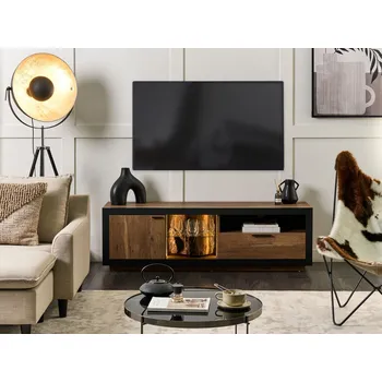 Televizní stolek TV stojan ze světlého dřeva a černého MDF dřeva funkce podsvícení skříňky boho styl Beliani