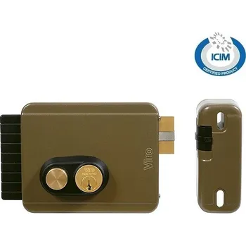 Pohon brány elektrický zámek V05 s tlačítkem, metalický bronzový lak - zámek Viro se střelkou pro lehčí kryté dveře a branky otevírané dovnitř, vnitřní kulatá vložka, 3 klíče, levý