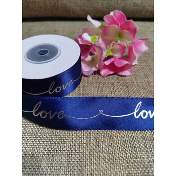 Stuha Saténová stuha s metalickým potiskem Love šíře 26 mm modrá