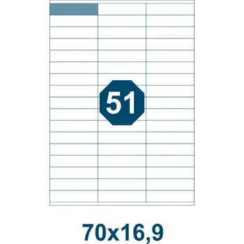 Speciální papír Samolepicí etikety, délka 70 mm, šířka 16,9 mm, 51 ks na archu A4, 100 listů/bal.
