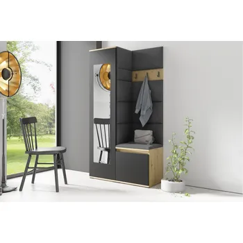 Předsíňová stěna Eka Předsíňová stěna s čalouněnými panely Trinity 13 - Dub Artisan s černou / Tmavá šedá 2315