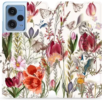 Pouzdro na mobilní telefon Flipové pouzdro Mobiwear - Xiaomi Redmi Note 12 Pro 5G - MP01S Rozkvetlá louka (Knížkové flip pouzdro, obal, kryt na mobil Xiaomi Redmi Note 12 Pro 5G - MP01S Rozkvetlá louka, materiál Umělá kůže + TPU - ochrana 360°, stojánek, silikonová vanička,)