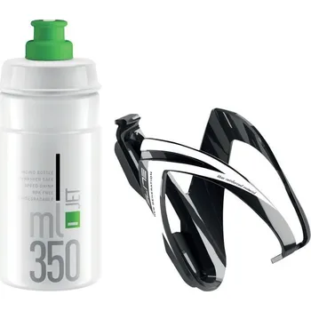 Košík na láhev ELITE KIT CEO košík lesklý černý/bílý + láhev JET čirá/zelená, 350 ml