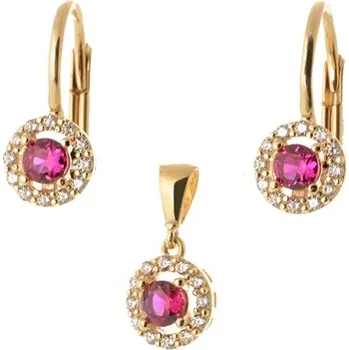 Souprava šperků Zlatá souprava náušnic a přívěšku se syntetickým rubínkem a zirkony ZLSS24F + DÁREK ZDARMA
