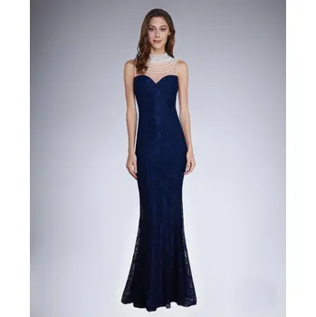 Dámské šaty Dámské společenské šaty SOKY SOKA s krajkou a perličkami dlouhé tmavě modré - Tmavě modrá / XL - SOKY&SOKA XL