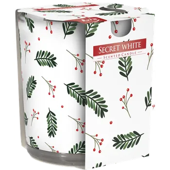 Svíčka Vonná svíčka Bispol - sklenička s potiskem - SECRET WHITE - bílé tajemství /l větvičky (Vonná svíčka ve skle / scented candle / lehká jemná květinová vůně)