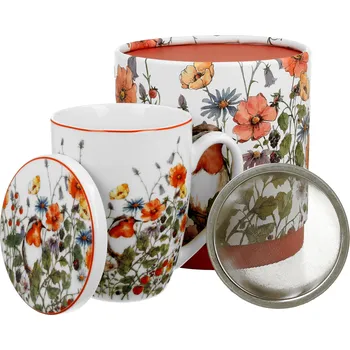 DUO Gifts DG - Porcelánový hrnek se sítkem a víčkem, Ptáček v lučním kvítí dárkové krabičce - 420 ml
