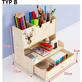 Stolní dřevěný organizér na kancelářské potřeby, 4 typy Varianta: TYP B, Barva: Béžová