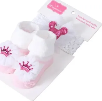 Dívčí kojenecké bavlněné protiskluzové ponožky a čelenka 0-1 rok Varianta: 4 bílo růžové s korunkou