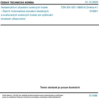 ČSN EN ISO 10893-8 Změna A1 - Nedestruktivní zkoušení ocelových trubek - Část 8: Automatické zkoušení bezešvých a svařovaných ocelových trubek pro zjišťování dvojitostí ultrazvukem - Tisk
