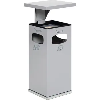 Venkovní odpadkový koš Nádoba na odpad s popelníkem, ocel, s odnímatelným povětrnostně odolným krytem, obj. 38 l, stříbrná