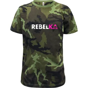 Rebelka - lebky - Dětské maskáčové triko - 146 cm/10 let ( Zelený maskáč )