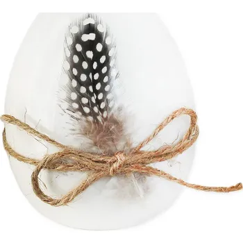 Velikonoční dekorace Vejce keramika - bílé s peříčkem - 85 mm