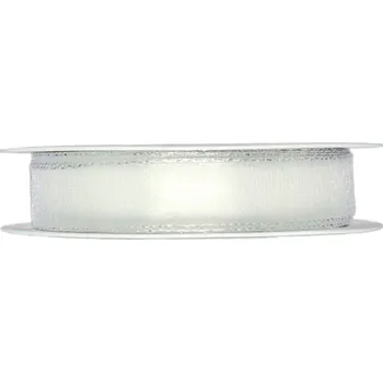 Stuha Stuha taftová BASIC WHITE SILVER bílá 15mm x 3m (7,-Kč/m) (Stuha taftová, transparentní, bílá, stříbrný okraj, s drátkem)
