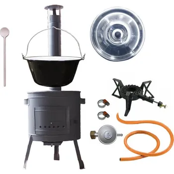 Kempingové nádobí Smaltovaný kotlík (1,2 mm) 25 L + litinový hořák 5,5 kW + nízká kotlina 42 PLUS 600 + nerezová poklice INOX + vařečka