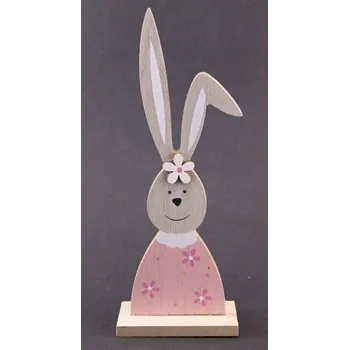 Velikonoční dekorace Dřevěný velikonoční zajíček s ušima na podstavci - rozměr 17,5 cm x 4,5 cm x 3,5 cm - světle růžová, světlé dřevo, černá