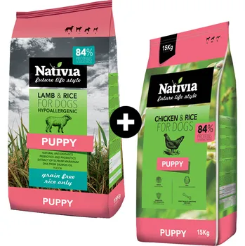 Krmivo pro psa MOJE COMBO NATIVIA: Puppy 15 kg + Puppy Lamb & Rice 15 kg