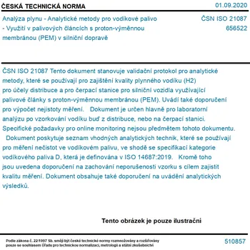 ČSN ISO 21087 - Analýza plynu - Analytické metody pro vodíkové palivo - Využití v palivových článcích s proton-výměnnou membránou (PEM) v silniční dopravě - Tisk