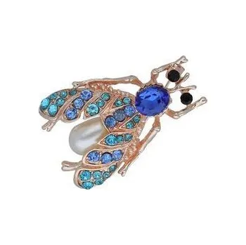 Brož Doria Brož včela rose gold s modrými krystaly B066