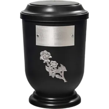 Smuteční dekorace Pohřební Plastová urna na popel, oválné prohlé víčko, černá, štítek č. 52, 100 x 50, stříbrná růže