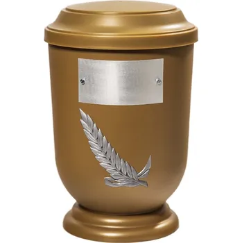 Smuteční dekorace Pohřební Plastová urna na popel, oválné prohlé víčko, zlatá, štítek č. 52, 100 x 50, stříbrná snítka