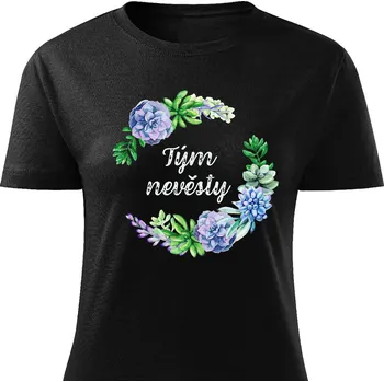 Dámské tričko Dámské tričko Tým nevěsty - květiny modré Barva: Černá, Velikost: XL