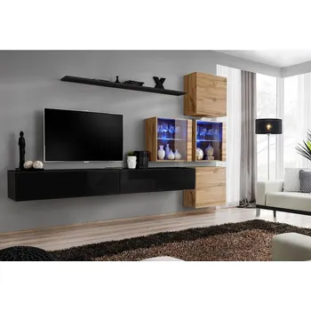 Obývací stěna Obývací Stěna Switch XIX Sklo + LED Černá/Wotan