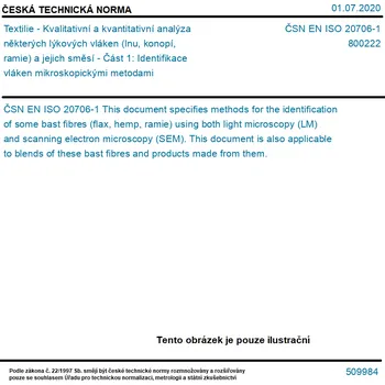 ČSN EN ISO 20706-1 - Textilie - Kvalitativní a kvantitativní analýza některých lýkových vláken (lnu, konopí, ramie) a jejich směsí - Část 1: Identifikace vláken mikroskopickými metodami - Tisk