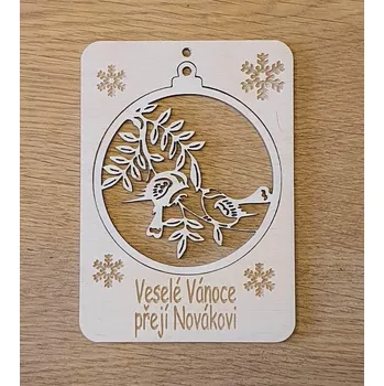 Vánoční přání s vyndávací ozdobou - baňka s ptáčky