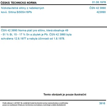 ČSN 42 3990 - Nízkotavitelné slitiny z neželezných kovů. Slitina Bi50Sn16Pb - Tisk