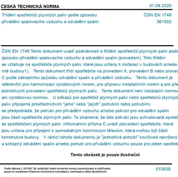 ČSN EN 1749 - Třídění spotřebičů plynných paliv podle způsobu přivádění spalovacího vzduchu a odvádění spalin - Tisk