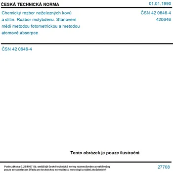 ČSN 42 0646-4 - Chemický rozbor neželezných kovů a slitin. Rozbor molybdenu. Stanovení mědi metodou fotometrickou a metodou atomové absorpce - Tisk