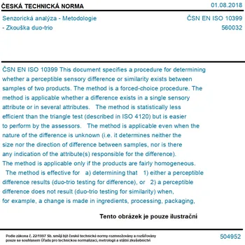 ČSN EN ISO 10399 - Senzorická analýza - Metodologie - Zkouška duo-trio - Tisk