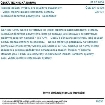 ČSN EN 13499 - Tepelně izolační výrobky pro použití ve stavebnictví - Vnější tepelně izolační kompozitní systémy (ETICS) z pěnového polystyrenu - Specifikace - Tisk