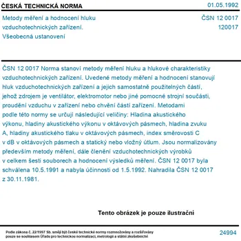 ČSN 12 0017 - Metody měření a hodnocení hluku vzduchotechnických zařízení. Všeobecná ustanovení - Tisk