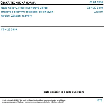 Stojan na nože ČSN 22 3819 - Nože na kovy. Nože revolverové ubírací stranové s břitovými destičkami ze slinutých karbidů. Základní rozměry - Tisk