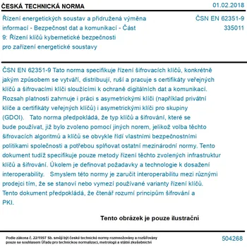 ČSN EN 62351-9 - Řízení energetických soustav a přidružená výměna informací - Bezpečnost dat a komunikací - Část 9: Řízení klíčů kybernetické bezpečnosti pro zařízení energetické soustavy - Tisk