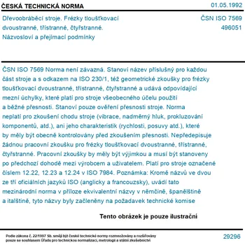 ČSN ISO 7569 - Dřevoobráběcí stroje. Frézky tloušťkovací dvoustranné, třístranné, čtyřstranné. Názvosloví a přejímací podmínky - Tisk
