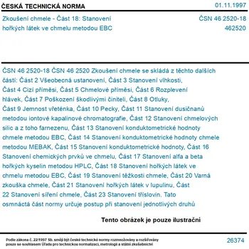 ČSN 46 2520-18 - Zkoušení chmele - Část 18: Stanovení hořkých látek ve chmelu metodou EBC - Tisk