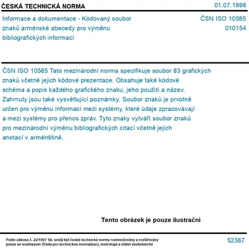 ČSN ISO 10585 - Informace a dokumentace - Kódovaný soubor znaků arménské abecedy pro výměnu bibliografických informací - Tisk